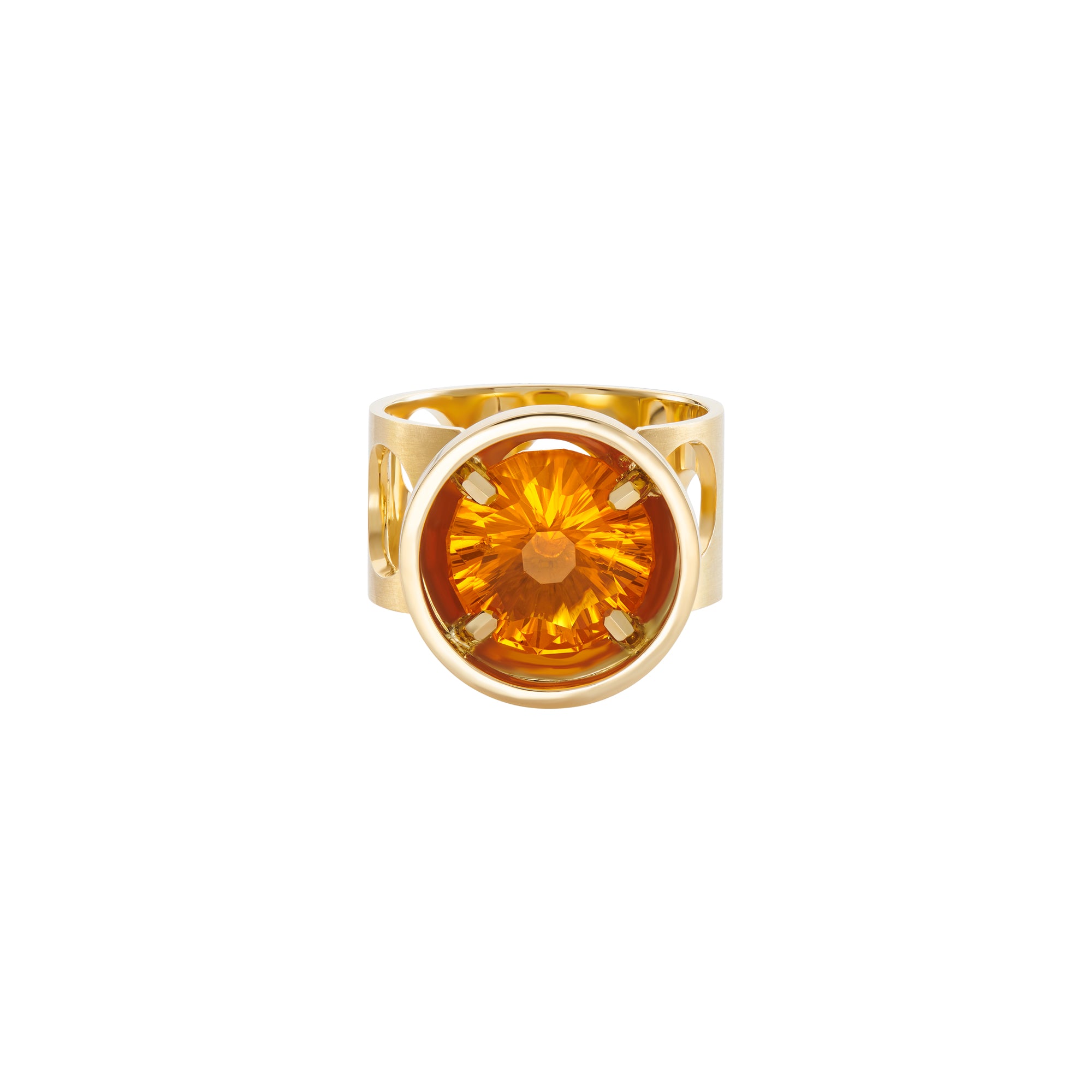Top perspective photograph on white background BETELGEUSE FIRE OPAL RING in 18 carat gold and special cut fire opal cut by Martin Prinsloo, photographed by Rudolf Cinovkis.