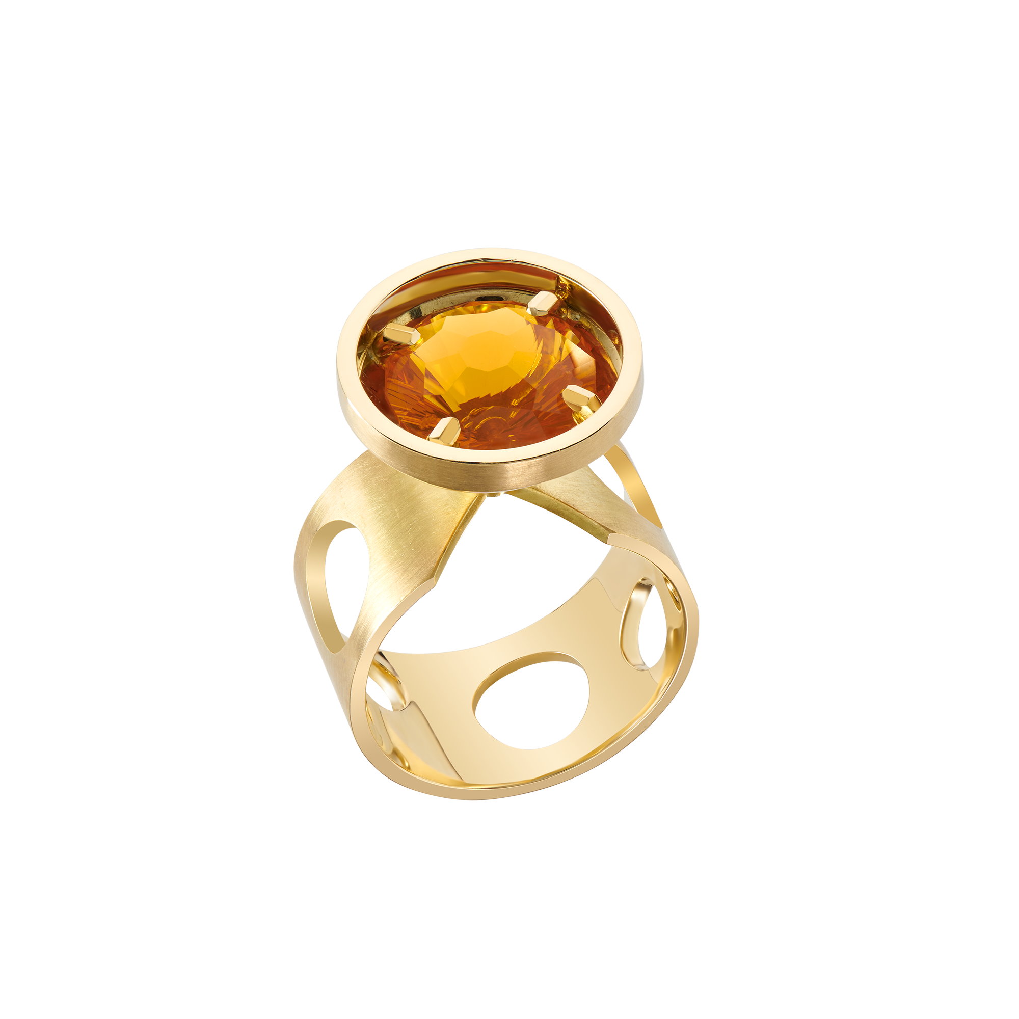 Perspective photograph on white background BETELGEUSE FIRE OPAL RING in 18 carat gold and special cut fire opal cut by Martin Prinsloo, photographed by Rudolf Cinovkis.